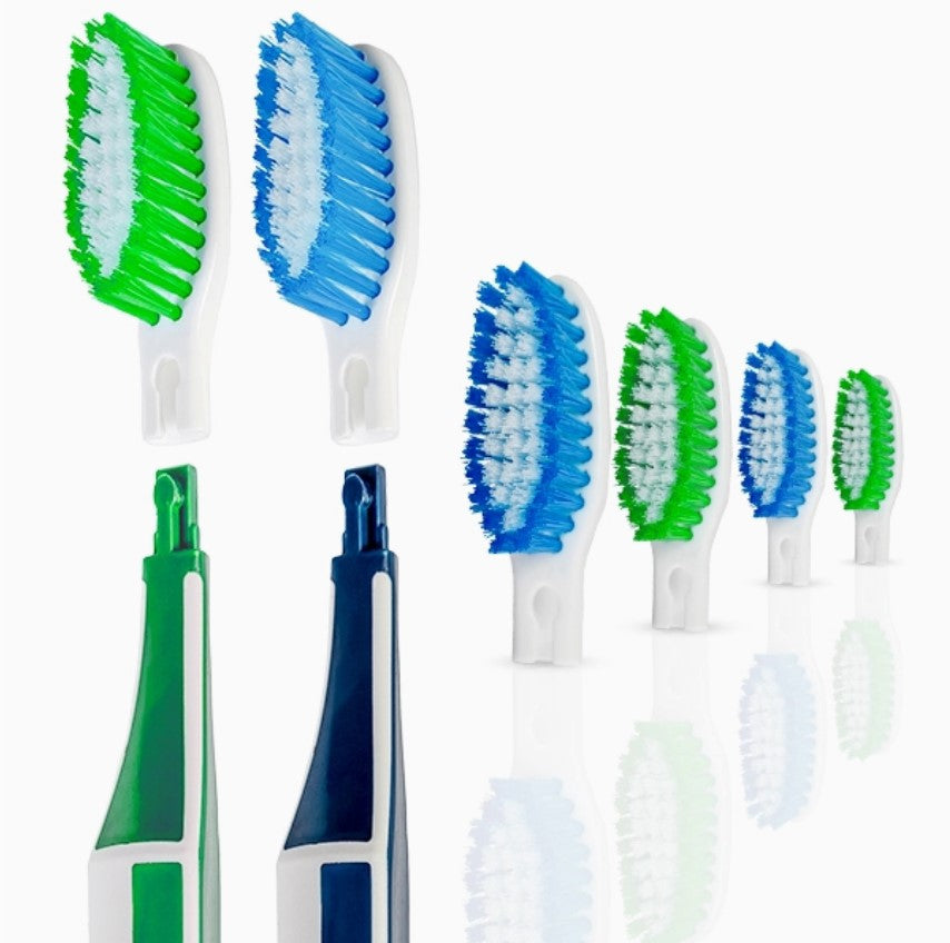Canadian made Zerro replaceable head toothbrushes with blue and green soft bristle replacement heads reducing single use plastic waste