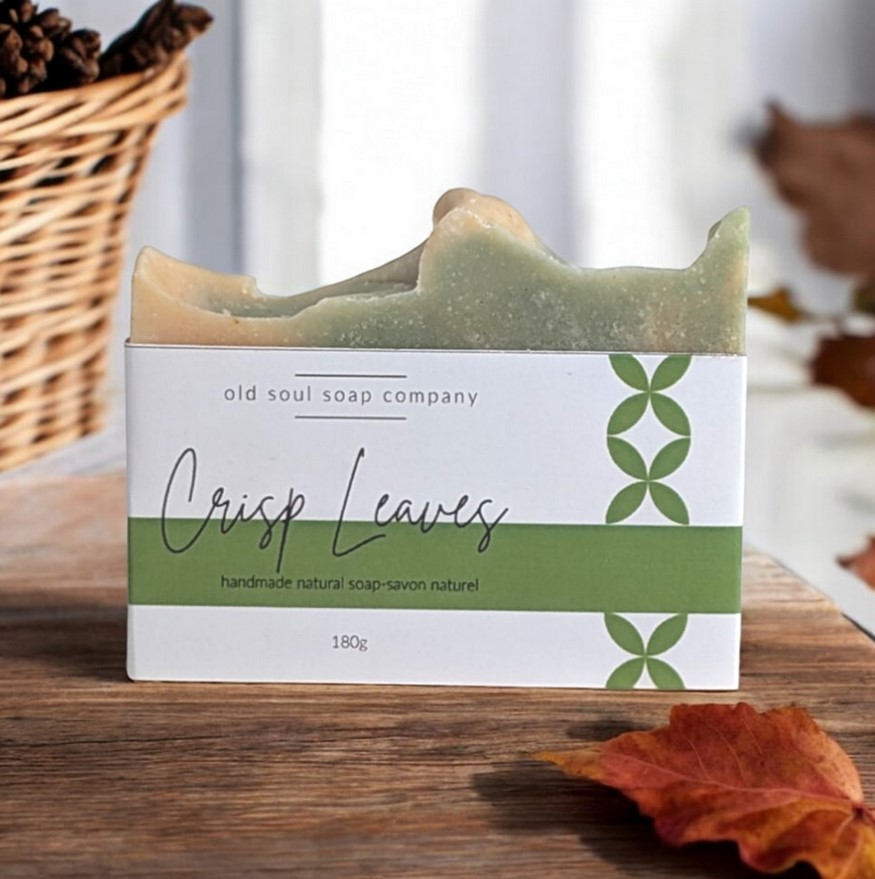 A handcrafted natural 180 g bar soap with the words crisp leaves on the label made in Canada by the Old Soul Soap Company