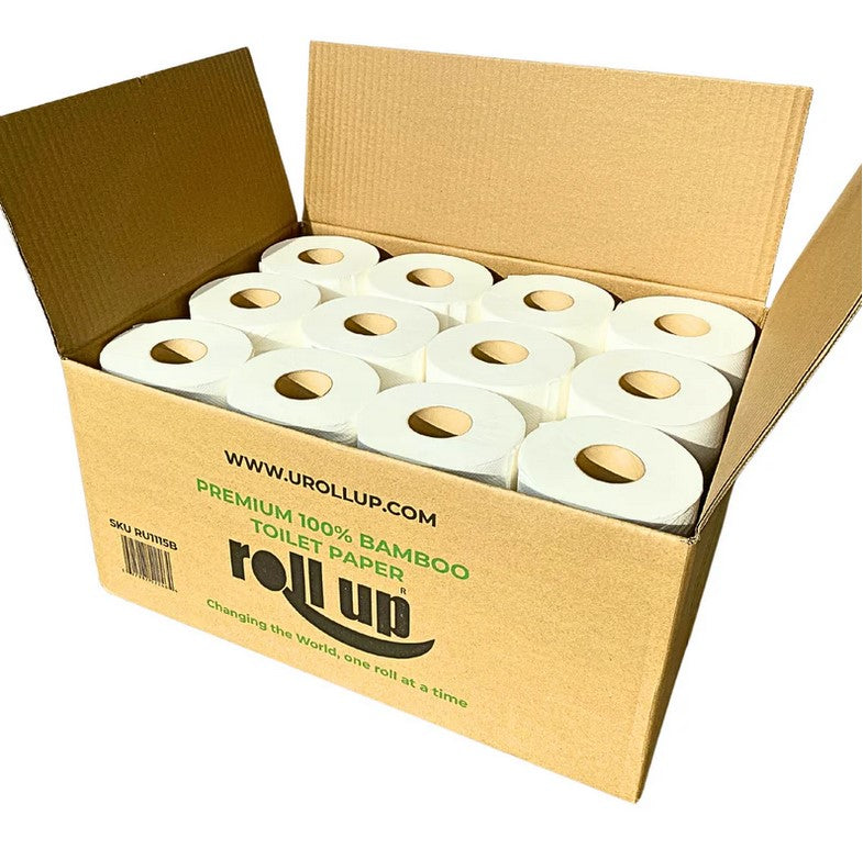 Roll Up Bamboo Toilet Paper unwrapped roll, natural light brown, 3.9-inch diameter, textured bamboo sheets, zero waste