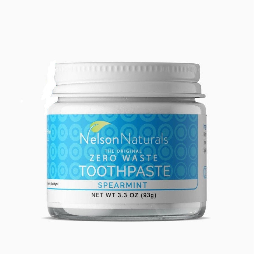 Nelson Naturals Spearmint Toothpaste in a 4 oz glass jar with textured spearmint green lid and white label featuring green