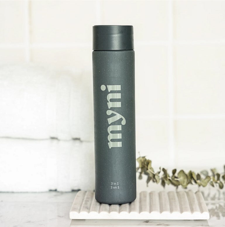 Close-up of the Myni 3-in-1 starter set bottles showcasing vibrant scent labels and textured caps, highlighting product