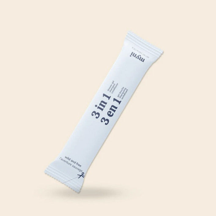 Close-up of Myni 3-in-1 Shampoo, Conditioner, and Body Wash label highlighting natural ingredients and eco-friendly