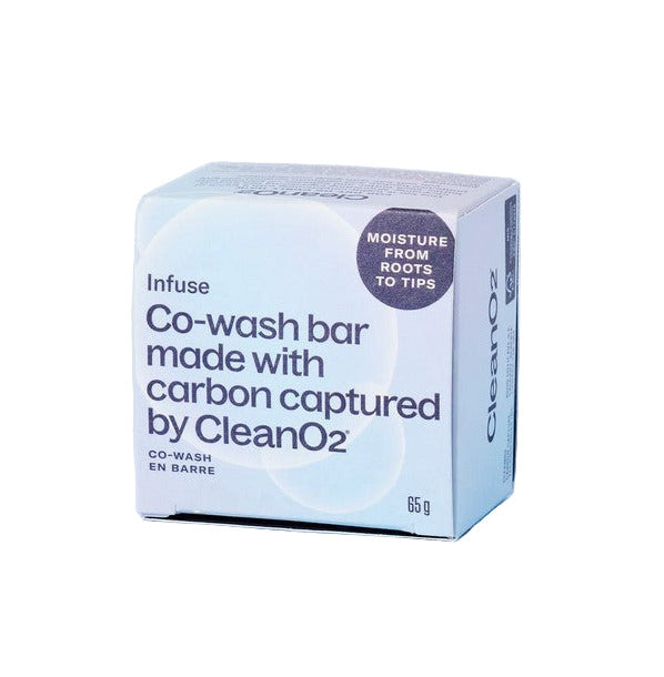 CleanO2 Infused Co-Wash Bar in packaging made in Canada with captured carbon, moisturizing co-wash bar for curly and damaged hair on a white background