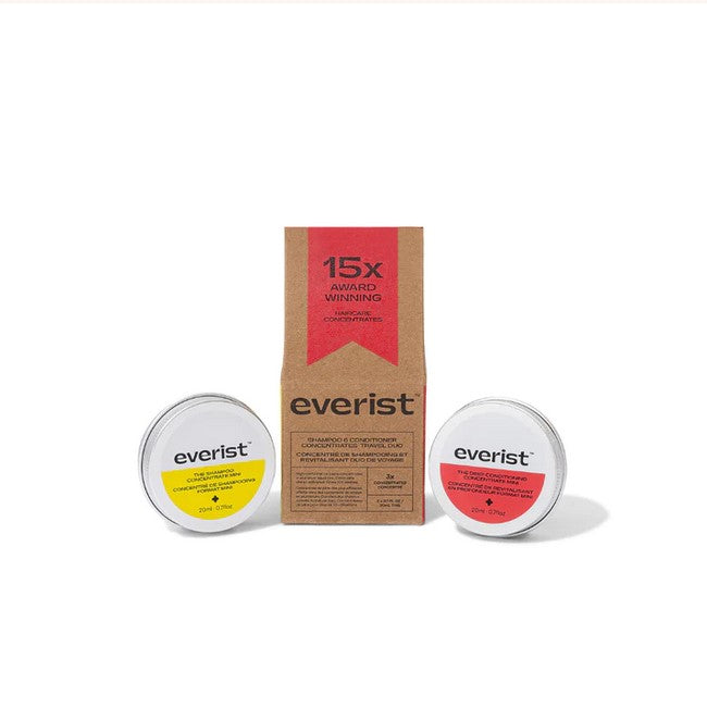 Everist Travel Duo in a tin featuring nourishing cream conditioner and cream shampoo with natural ingredients, lightweight