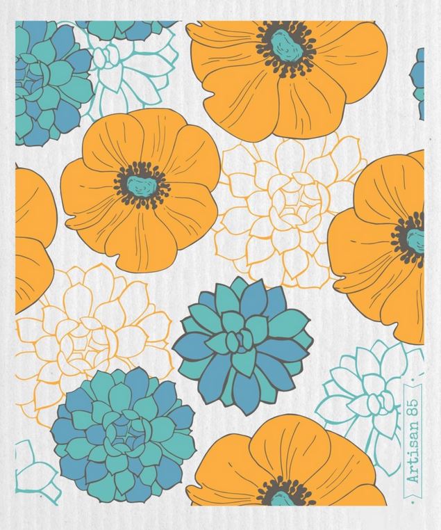 Flower Garden Saffron Swedish cloth by Artisan 85 with saffron flowers and teal floral pattern, reusable eco-friendly dishcloth made from cellulose and cotton, compostable kitchen cloth Canada