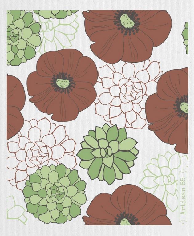 Flower Garden Terra Swedish cloth by Artisan 85 with terracotta flowers and green succulent pattern, reusable eco-friendly dishcloth made from cellulose and cotton, compostable kitchen cloth Canada