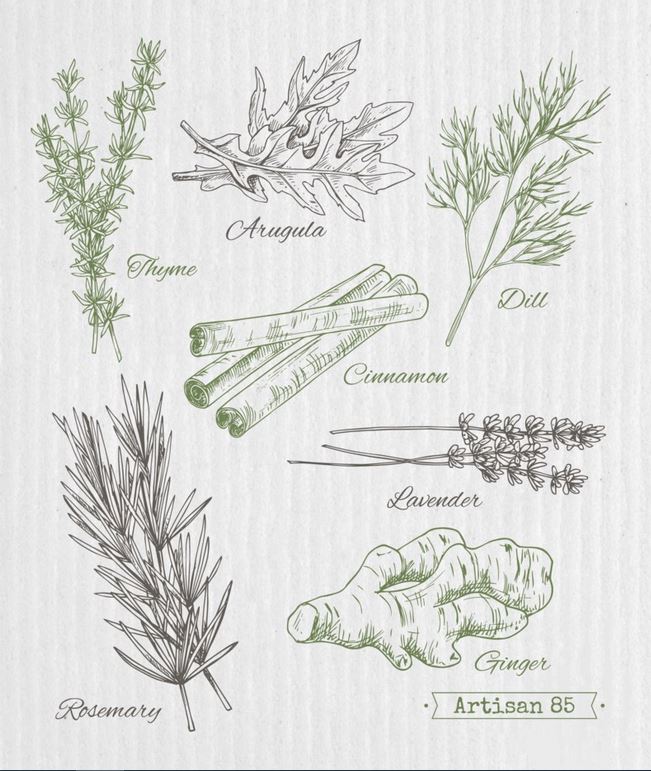 Fresh Herbs Swedish cloth by Artisan 85 with thyme, dill, rosemary, lavender and ginger illustrations, reusable eco-friendly dishcloth made from cellulose and cotton, compostable kitchen cloth Canada