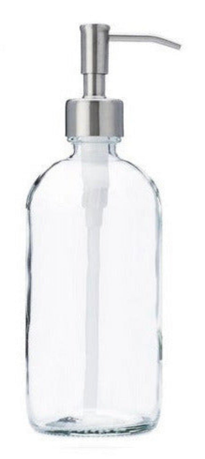 Jarmazing 16 oz clear glass soap and lotion dispenser with stainless steel pump, reusable bottle for kitchen or bathroom sinks.