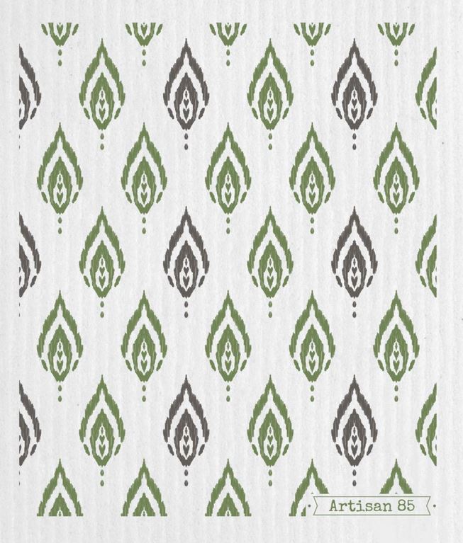Kashmir Green Swedish cloth by Artisan 85 with green and neutral ikat pattern, reusable eco-friendly dishcloth made from cellulose and cotton, compostable kitchen cloth Canada