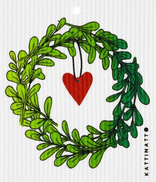 Kattinatt Swedish dishcloth featuring lingonberry wreath with heart design, organic cotton material, 8x8 inches, zero waste