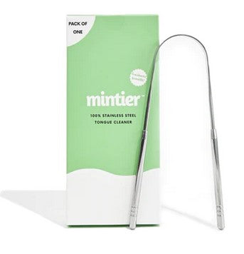 Simply Natural Canada Mintier tongue cleaner with textured white silicone surface and curved ergonomic handle for dental care