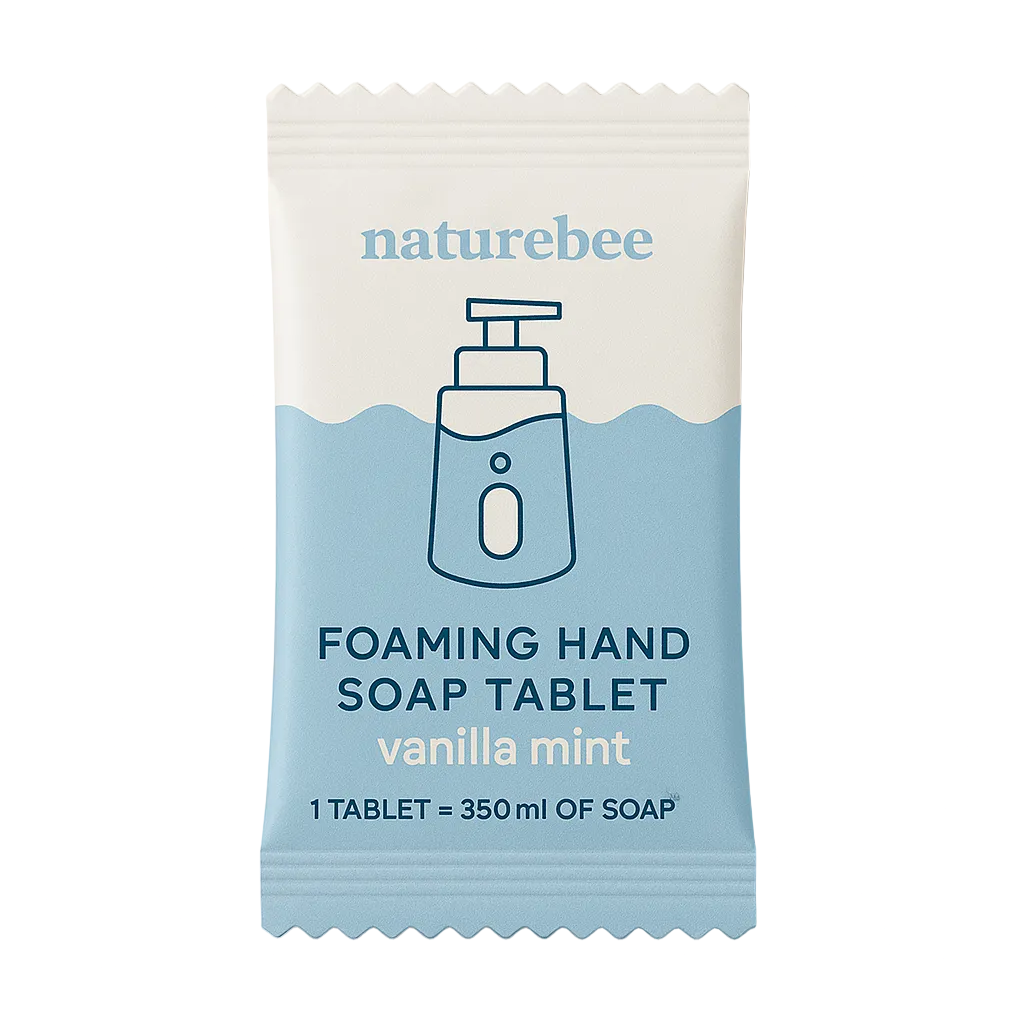 Nature Bee Clean vanilla mint dissolvable foaming hand soap tablet in white plastic container with green label