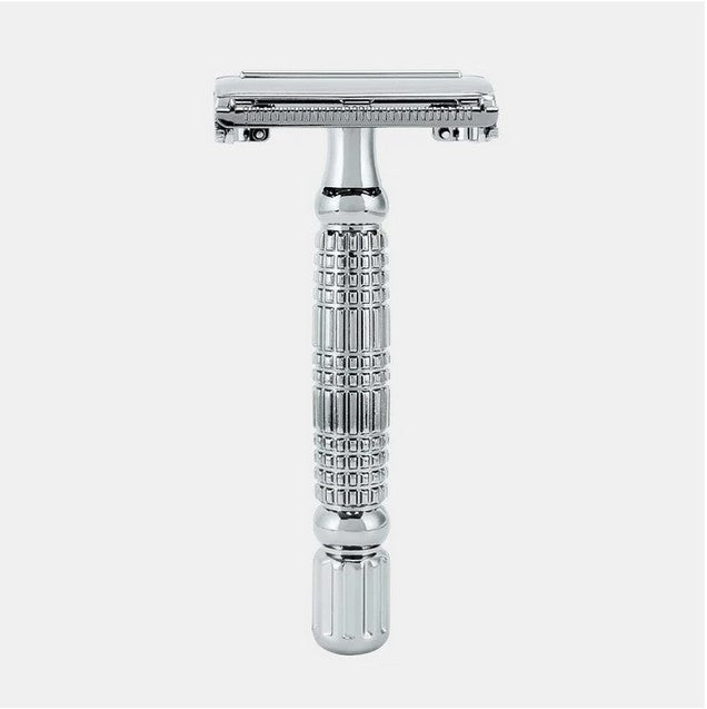 Rockwell R1 double edge safety razor with matte stainless steel handle and chrome head, 3.5-inch length, textured grip