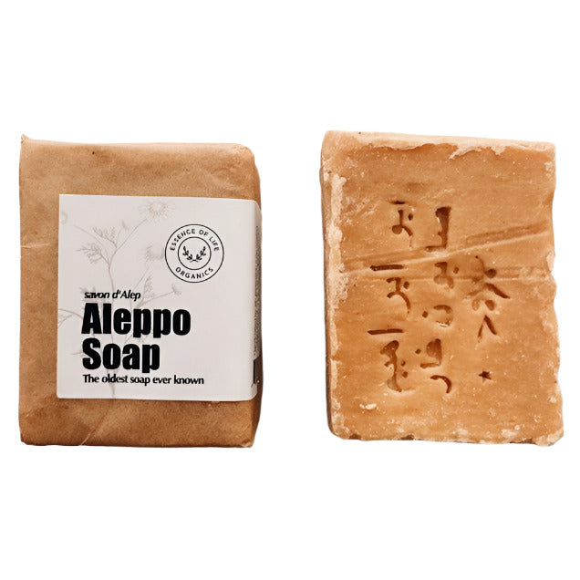Essence of Life Organics Aleppo Olive Oil Soap bar with natural textured surface, organic ingredients, and zero waste