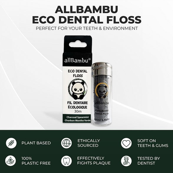 Close-up of biodegradable bamboo dental floss spool showing textured hemp fiber wrapping and visible eco-friendly branding