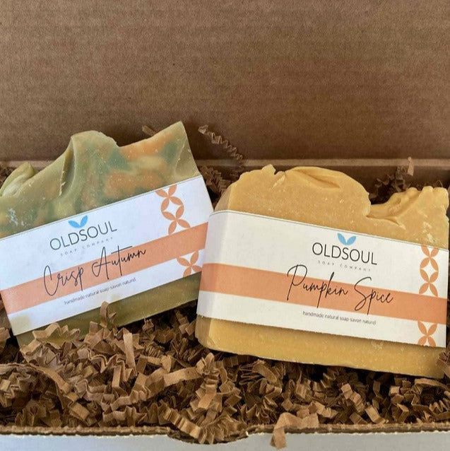 Autumn soap gift box with four handcrafted 3oz seasonal bath and shower bars in warm earthy tones, from Old Soul Soap