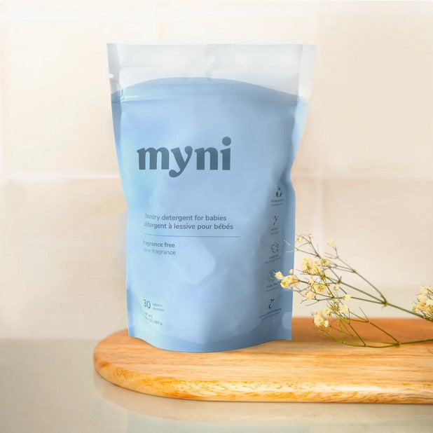 Myni Baby Laundry Detergent concentrated powder in fragrance-free, eco-friendly packaging, Canadian-made, suitable for baby