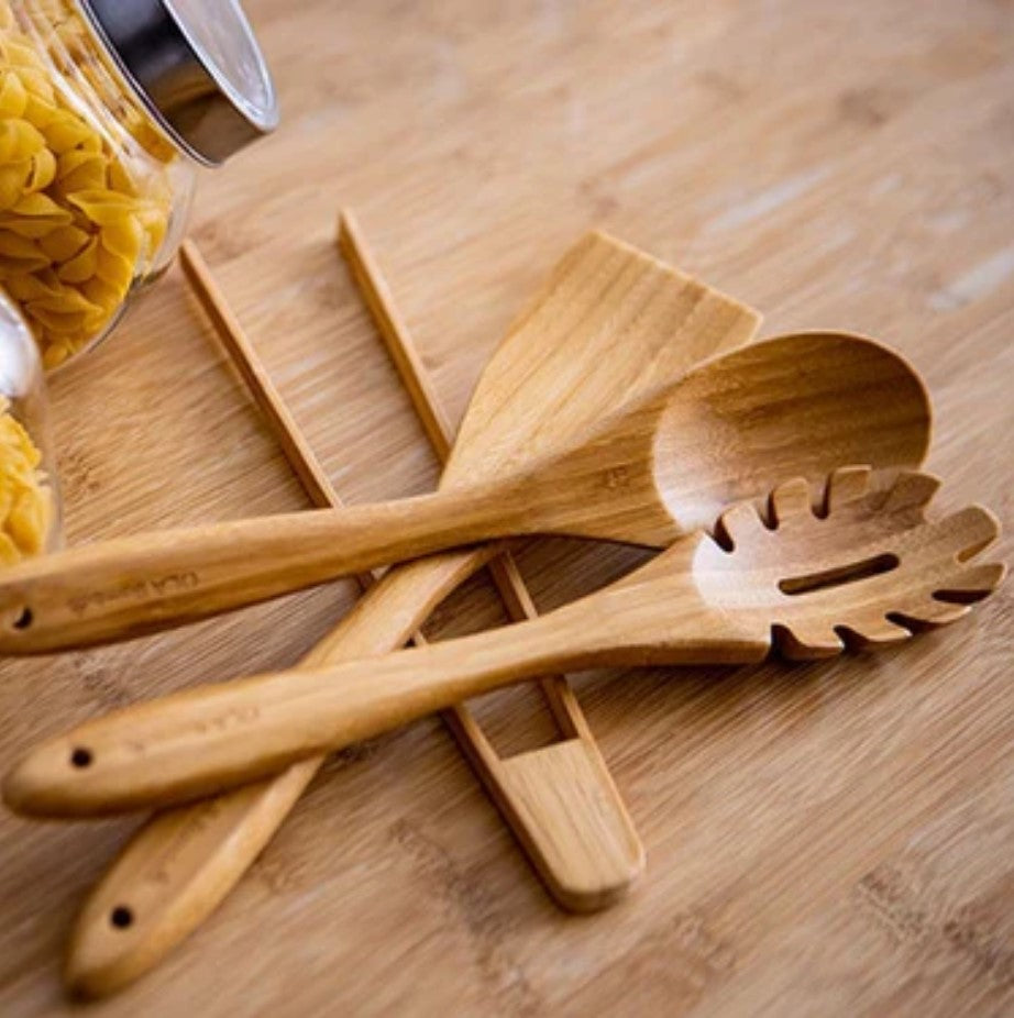 Ola Bamboo cooking utensils set with four natural bamboo spoons and spatula, smooth textured, lightweight, Canadian-made