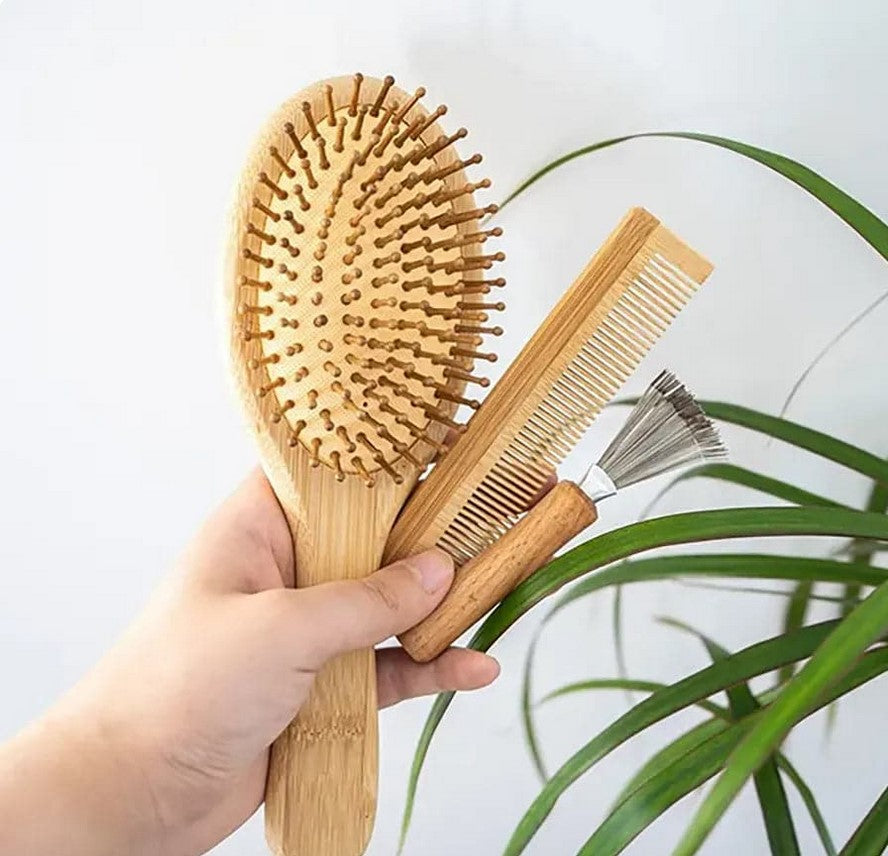 Plantish bamboo hair brush set with smooth wooden handles, eco-friendly design, suitable for all hair types and reducing