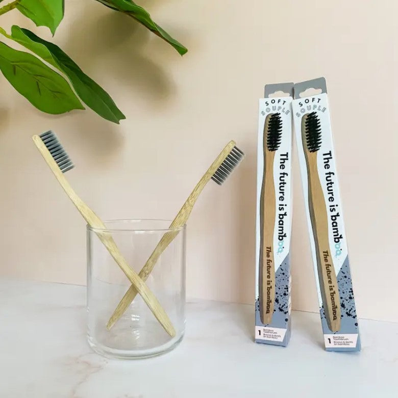 The future is bamboo set of 2 charcoal bamboo toothbrushes with biodegradable handles and soft bristle heads, 7-inch length