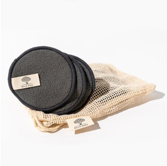 Birch Babe reusable facial rounds made of bamboo charcoal, soft textured makeup remover pads for gentle cleansing, set of 10