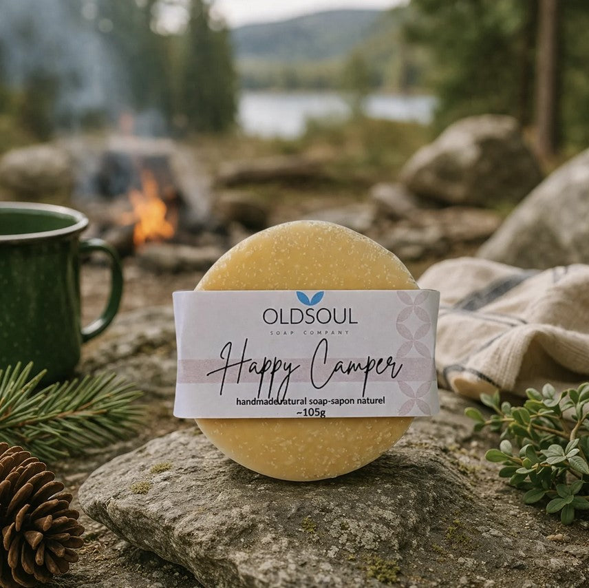 Happy Camper outdoor soap by Old Soul Soap Company beside campfire in Canada