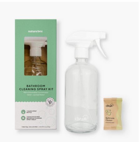 Nature Bee Clean bathroom spray cleaner kit with plant-based concentrate tablets, transparent spray bottle, and natural