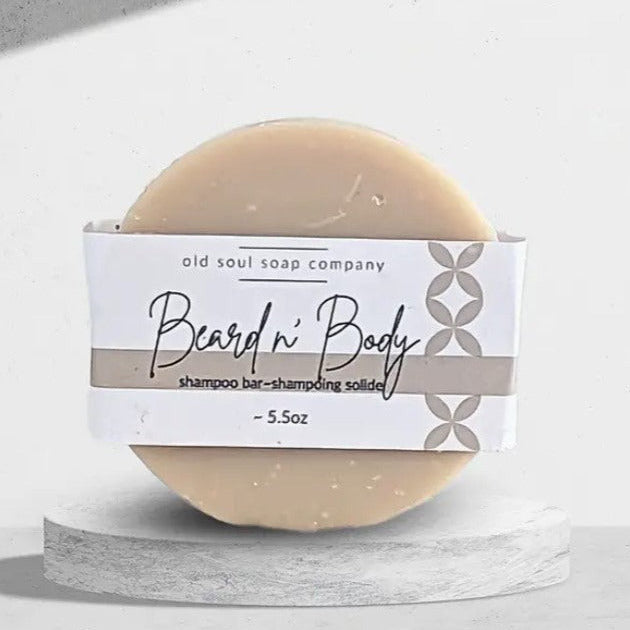 Old Soul Soap Company beard and body shampoo bar, rectangular citrus mint soap with textured surface and embossed logo, 4 oz