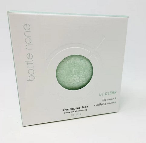 Bottle None be CLEAR Oily Hair Shampoo Bar with deep cleansing formula, scent, textured solid bar, Canadian-made, 50+