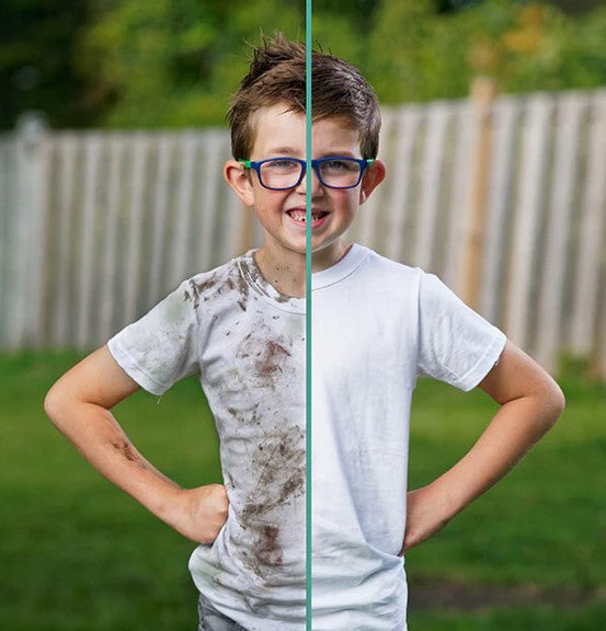 Before and after stain removal on a child’s white t-shirt using etee plastic-free laundry detergent concentrate powder, powerful eco-friendly cleaning results