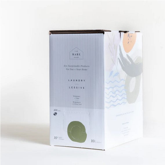 Close-up of the Bergamot Lime Laundry Detergent label highlighting fresh citrus scent notes and clear packaging design