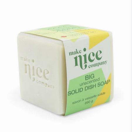 Close-up of the unscented solid dish soap bar showing smooth, rectangular shape with beveled edges and matte white surface