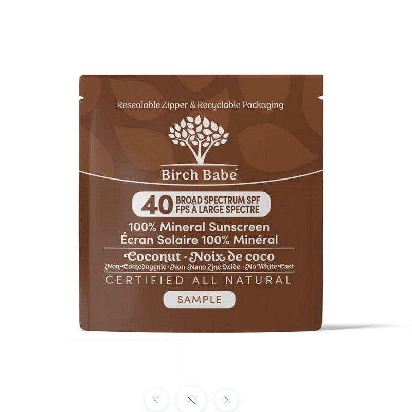 Birch Babe Mineral Sunscreen Coconut tube with textured cap and ingredient list visible, showcasing compact, travel-friendly