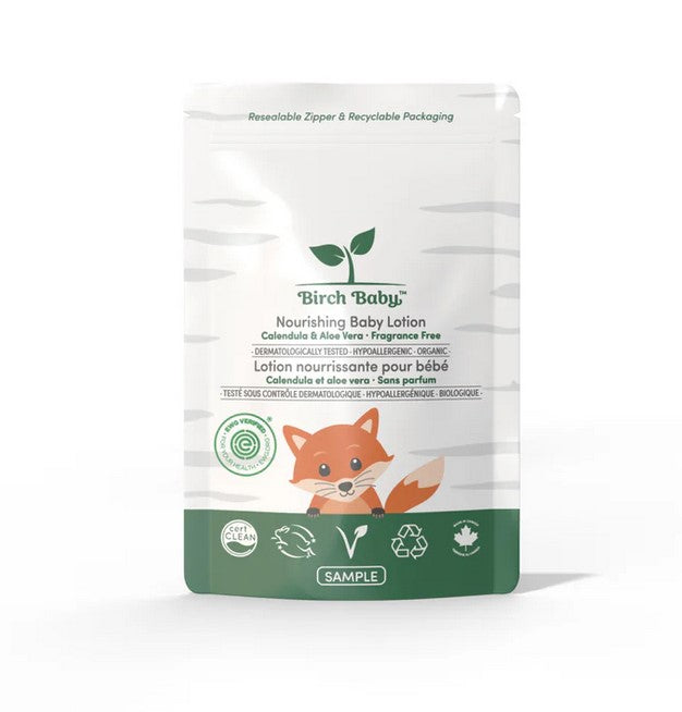 Close-up of the Birch Baby Skincare Travel Bundle label highlighting natural ingredients and gentle scent details