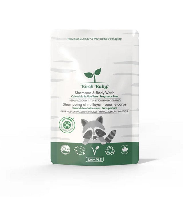 Close-up of Birch Baby Skincare Travel Bundle label detail highlighting natural ingredients and gentle formula for sensitive