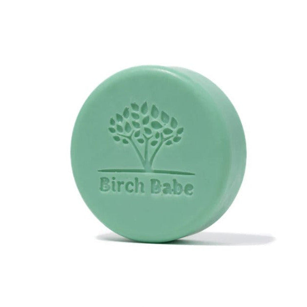 Birch Babe Key Lime shave bar with vibrant green and yellow swirl design, textured soap in a clear plastic wrapper