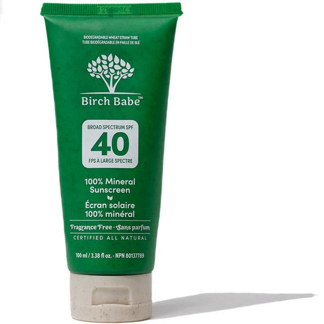 Birch Babe Mineral Sunscreen SPF 40 Fragrance Free in compostable wheat-straw tube – Canadian-made 100% mineral sunscreen product photo