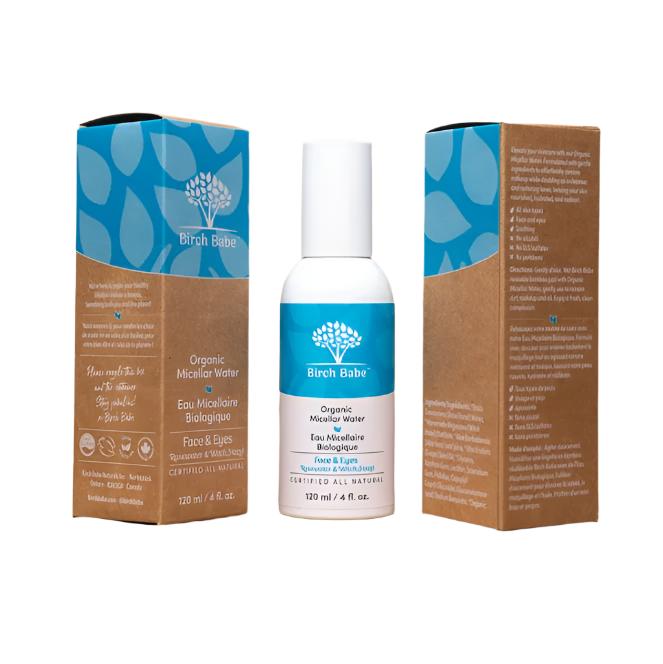 Birch Babe micellar cleansing water in 200ml clear bottle, soothing formula with botanical ingredients for sensitive skin