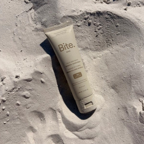 Bite Base Mineral Sunscreen SPF 30 on sand broad spectrum natural sunscreen Canada
