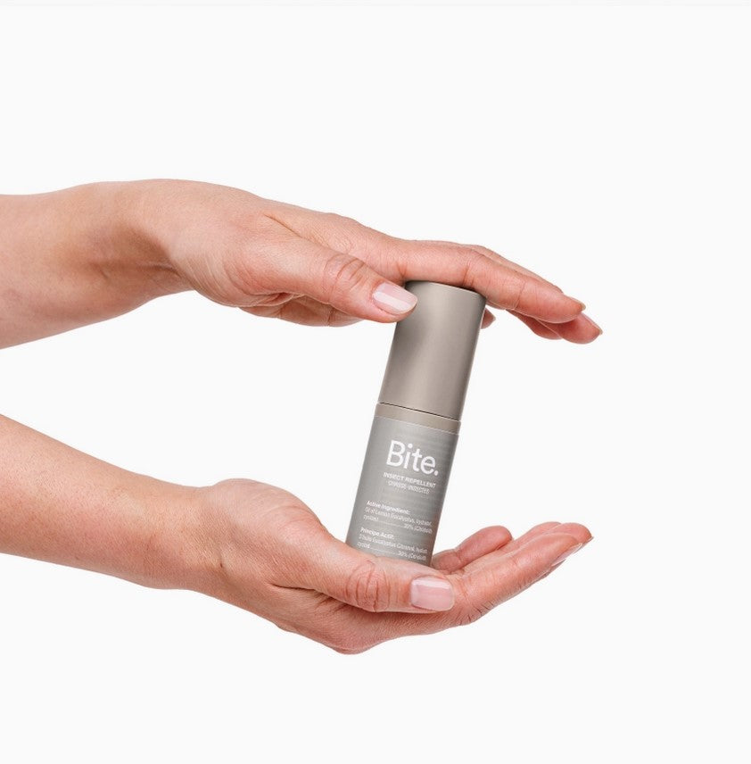Bite insect repellent 50 ml travel size held in hands compact natural mosquito and tick repellent Canada non greasy bug spray
