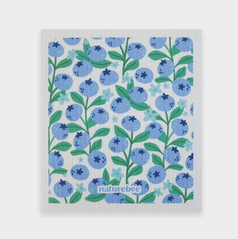 Nature Bee Blueberries Sponge Cloth with blue and white woven pattern, absorbs moisture, eco-friendly Swedish kitchen