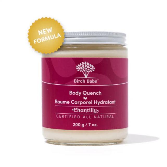 Birch Babe Body Quench Chantilly body lotion in glass jar, lightweight texture, vanilla-scented with nourishing botanical