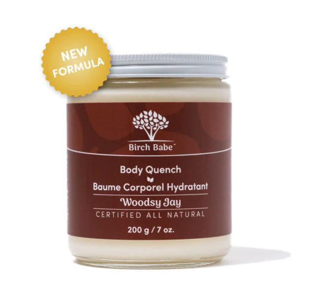 Birch Babe Body Quench Woodsy Jay lotion in glass jar, creamy texture with earthy scent for dry skin, Canadian-made, 200ml