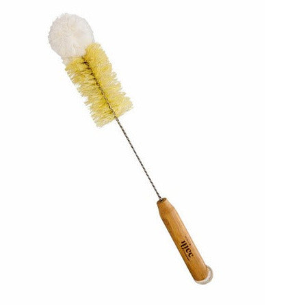 Plastic-free bottle brush by Make Nice Company featuring beechwood handle, agave fiber bristles, and soft cotton tip