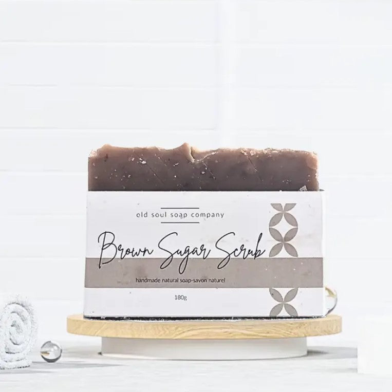 Brown Sugar Scrub Artisan Soap bar by Old Soul Soap Company, vegan, handcrafted with rich brown hues and textured surface