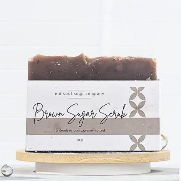 Brown Sugar Scrub Artisan Soap bar with textured surface, beige and brown swirls, Old Soul Soap Company branding, vegan and