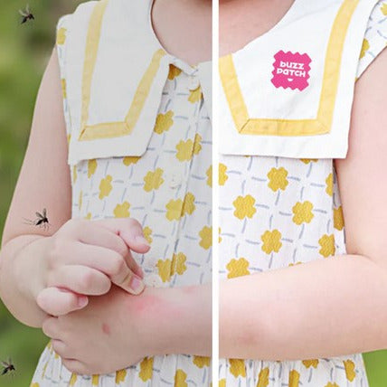 NATPAT BuzzPATCH mosquito repellent stickers for kids featuring round citronella oil-infused patches with a colorful cartoon