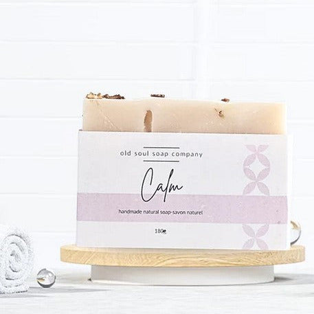 Calm Artisan Soap bar by Old Soul Soap Company, vegan bath and body product with textured cream and pale green hues, 4x2