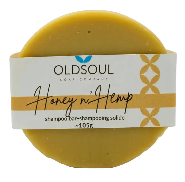 Honey n Hemp conditioning shampoo bar 105 g with aloe vera, moisturizing formula, in eco-friendly packaging by Old Soul Soap