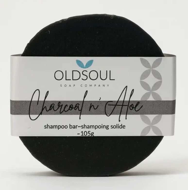 Charcoal n Aloe shampoo bar by Old Soul Soap Company, Canadian made vegan solid shampoo on a white background